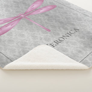 Magenta Dragonfly Damask Sherpa Blanket