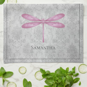 Magenta Dragonfly Damask Tea Towel