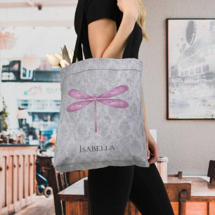 Magenta Dragonfly Damask Tote Bag