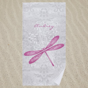 Magenta Dragonfly Personalised Beach Towel