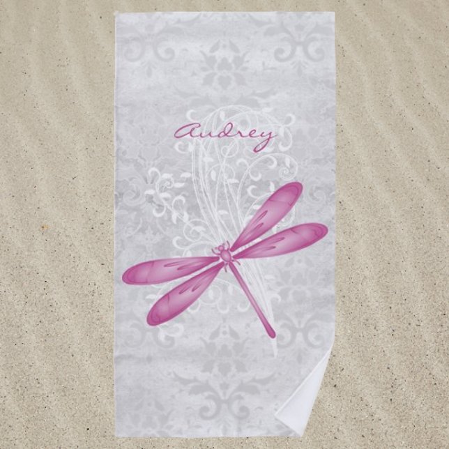 Magenta Dragonfly Personalised Beach Towel (Magenta Dragonfly Personalized Beach Towel)