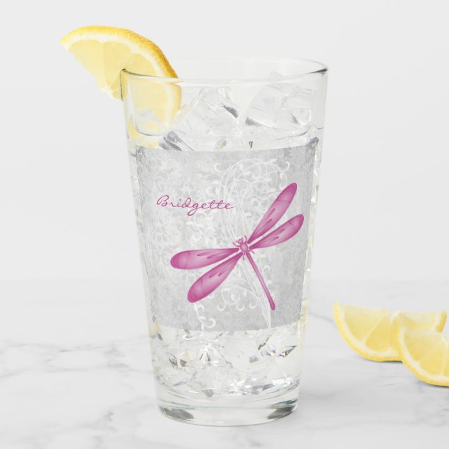 Magenta Dragonfly Personalised Glass Cup (Front Ice)