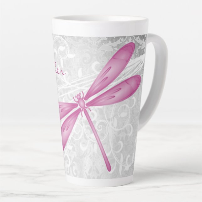 Magenta Dragonfly Personalised Latte Mug (Right Angle)