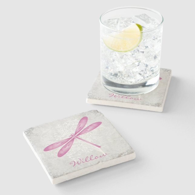 Magenta Dragonfly Personalised Stone Coaster (Side)