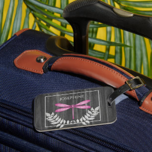 Magenta Dragonfly Rustic Luggage Tag