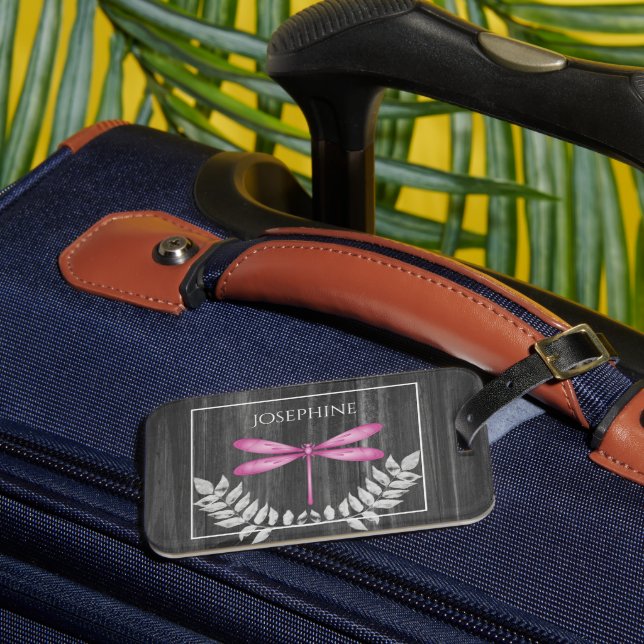 Magenta Dragonfly Rustic Luggage Tag (Front Insitu 3)