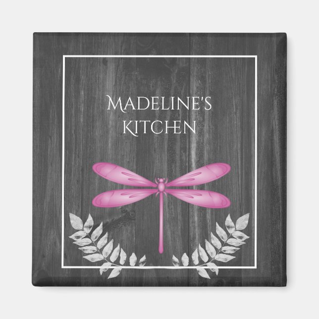 Magenta Dragonfly Rustic Magnet (Front)