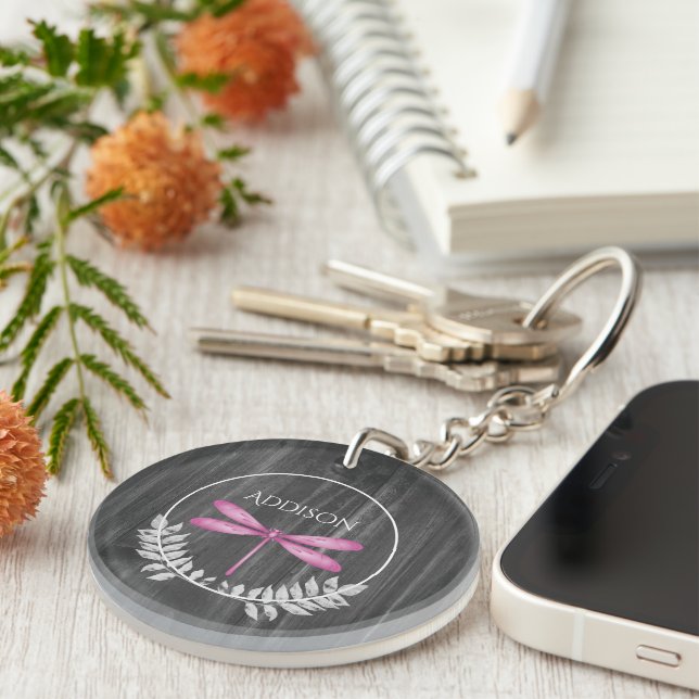 Magenta Dragonfly Rustic Personalised Keychain (Front Right)