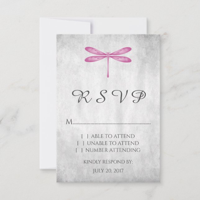 Magenta Dragonfly Wedding RSVP Card (Front)