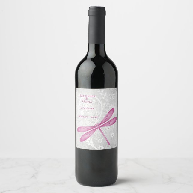Magenta Dragonfly Wedding Wine Label (Front)