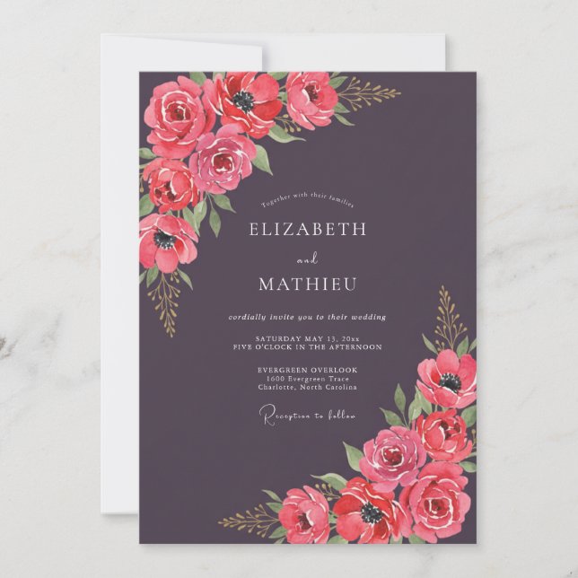 Magenta Eggplant Ranunculus Eucalyptus Wedding Invitation (Front)