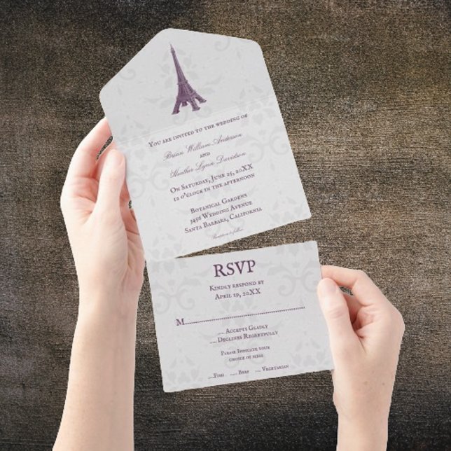 Magenta Eiffel Tower Damask All in One Wedding Invitation (Magenta Eiffel Tower Damask All in One Wedding Invite)
