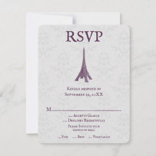 Magenta Eiffel Tower Damask Wedding RSVP Card