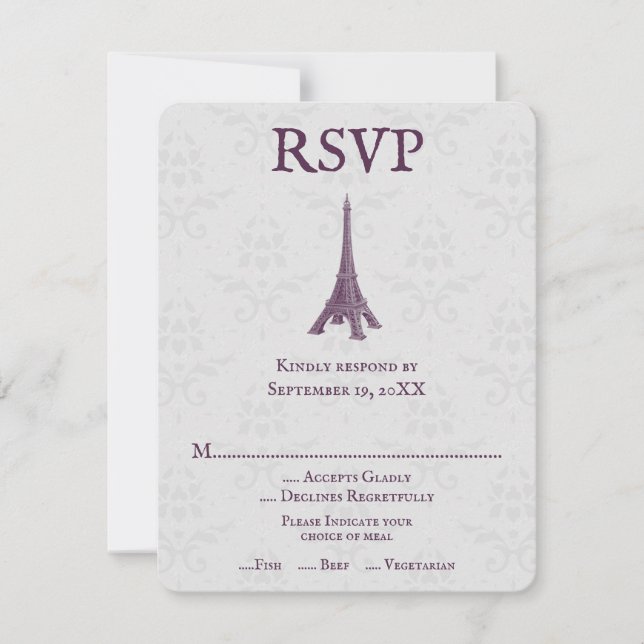 Magenta Eiffel Tower Damask Wedding RSVP Card (Front)