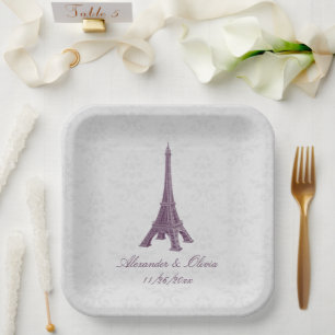 Magenta Eiffel Tower Damask Wedding Shower Paper Plate