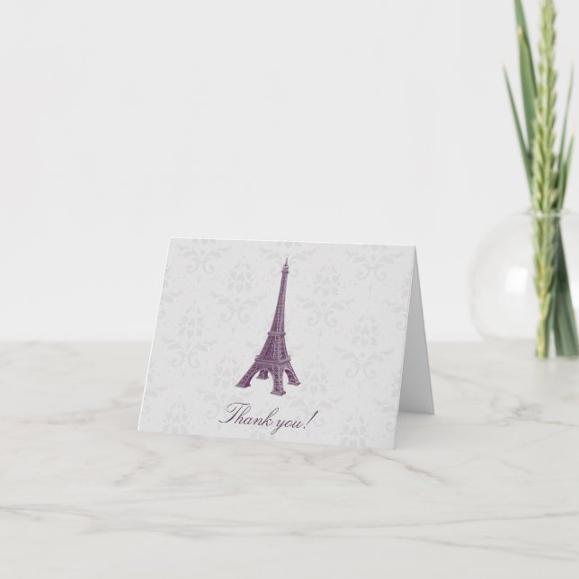 Magenta Eiffel Tower Damask Wedding Thank You (Front)
