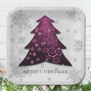 Magenta Festive Christmas Tree Paper Plate