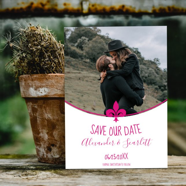 Magenta Fleur de Lis Photo Save The Date Announcement (Magenta Fleur de Lis Photo Save the Date)