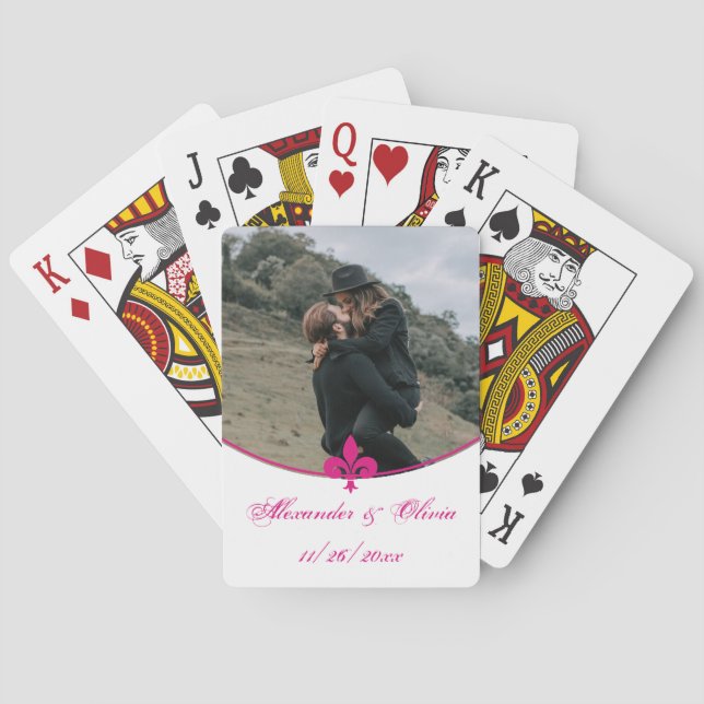 Magenta Fleur de Lis Photo Wedding Playing Cards (Back)