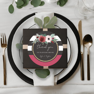 Magenta Floral Black Stripe Couples Names Wedding Classic Round Sticker