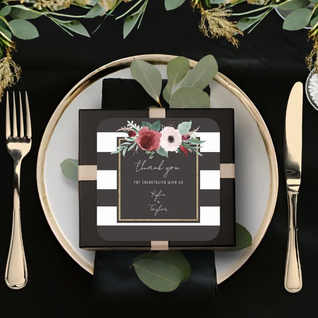 Magenta Floral Black Stripe Couples Names Wedding Square Sticker (Creator Uploaded)