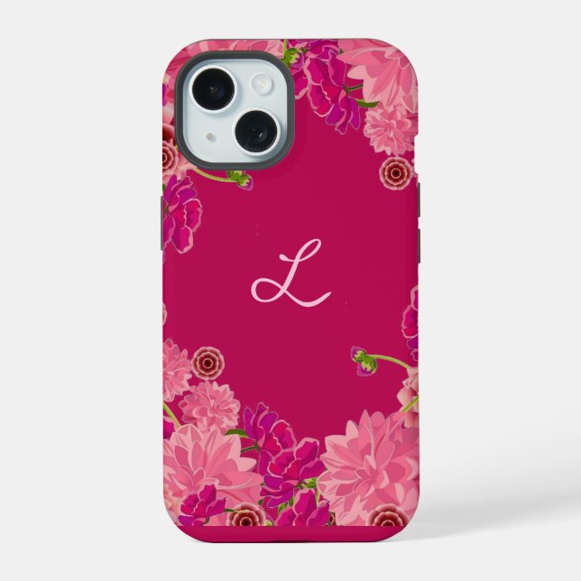Magenta floral initial  iPhone 15 case (Back)