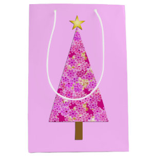 Magenta floral modern Christmas tree Medium Gift Bag