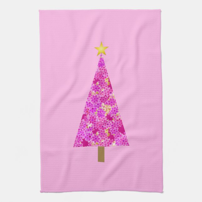 Magenta floral modern Christmas tree Tea Towel (Vertical)