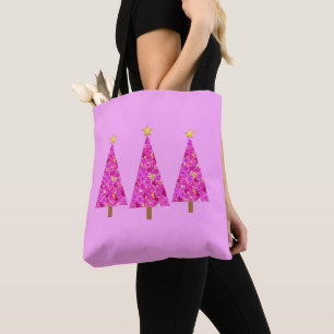 Magenta Floral Modern Christmas Tree Tote Bag