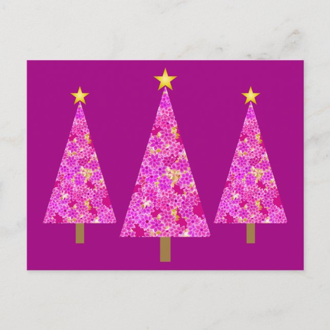 Magenta floral modern Christmas trees Holiday Postcard (Front)