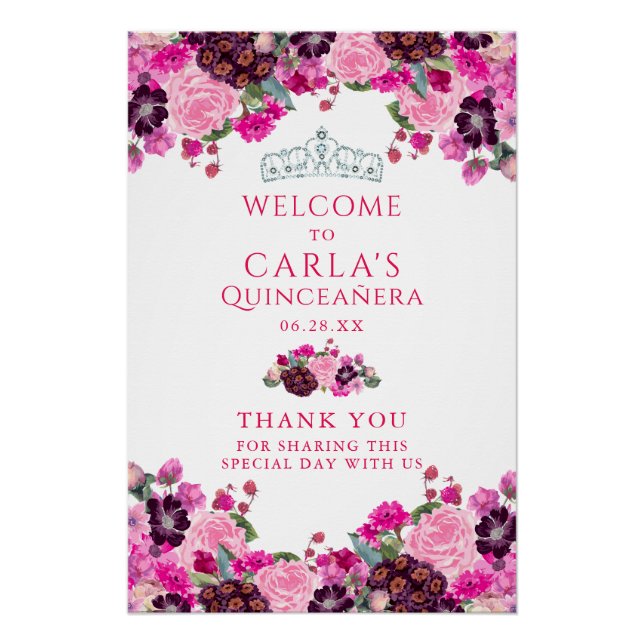 Magenta Floral Quinceanera Welcome Sign (Front)