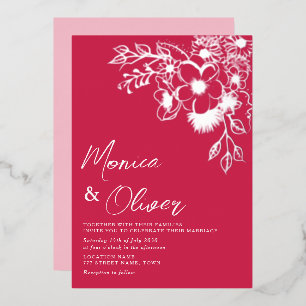 Magenta Floral Silver Foil Wedding Invite
