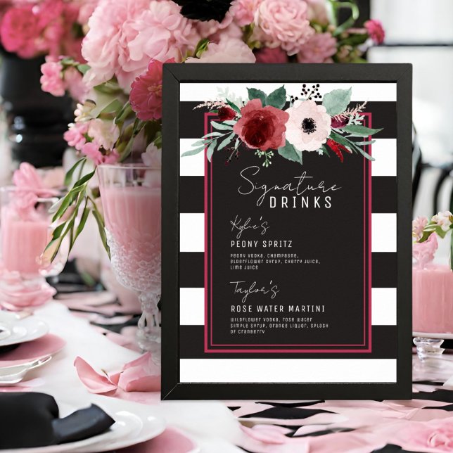 Magenta Floral Stripes Signature Drinks Wedding Poster (Creator Uploaded)