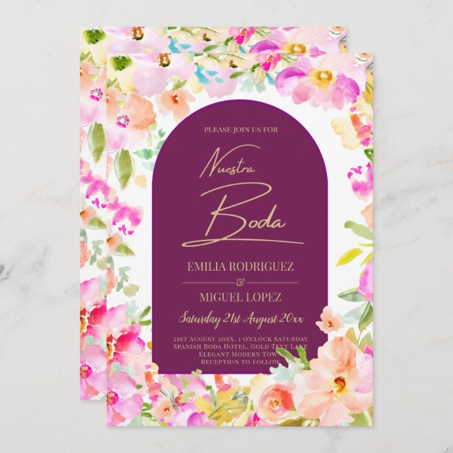 Magenta Floral Wedding Invitation (Front/Back)