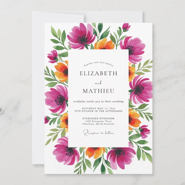 Magenta Floral Whimsical Wedding Invitation (Front)