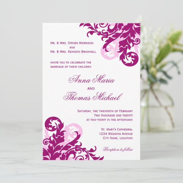 Magenta Flourish Wedding Invitation (Standing Front)