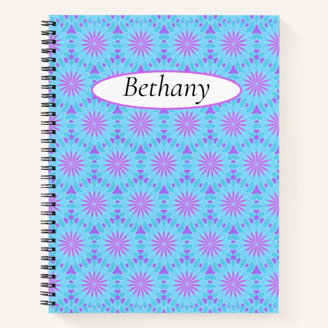 Magenta Flowers with Sky Blue and Purple Shapes Notebook (Front)