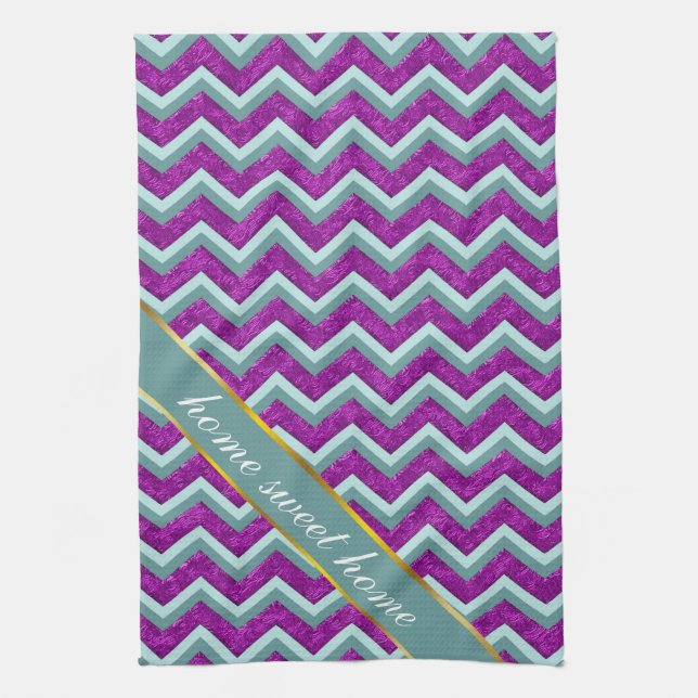 Magenta Foil and Teal ZigZag Pattern Tea Towel (Vertical)