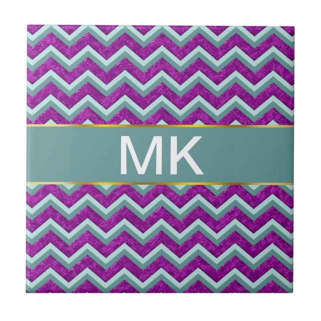 Magenta Foil and Teal ZigZag Pattern Tile (Front)