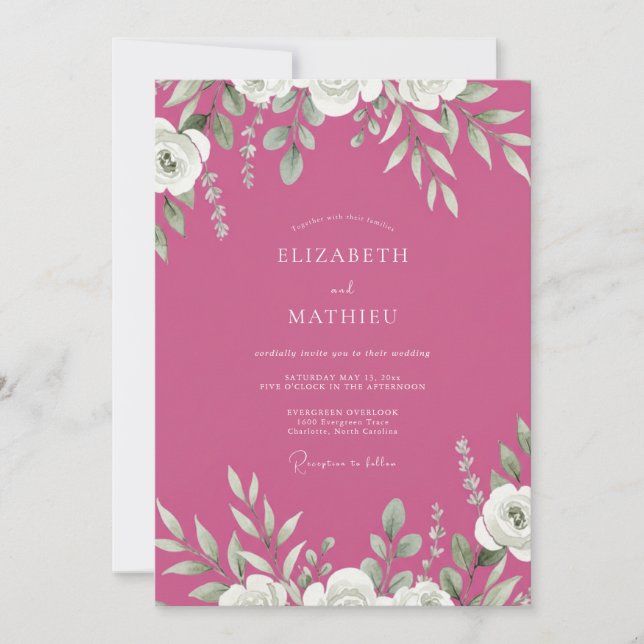 Magenta Foliage Grey Eucalyptus Wedding Invitation (Front)