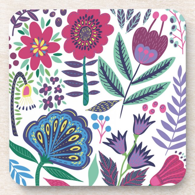 Magenta Folk Art Floral Pattern Coaster (Front)
