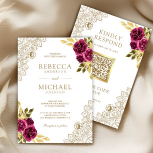 Magenta Fuchsia Floral Lace White QR Code Wedding Invitation