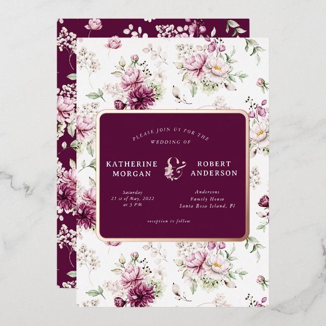 magenta garden floral wedding invitation foil invi (Front/Back)