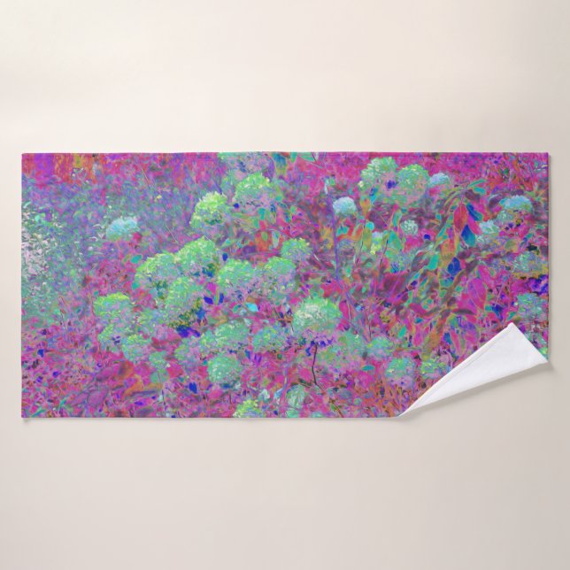 Magenta Garden with Aqua Hydrangea Flowers Bath Towel (Bath Towel)