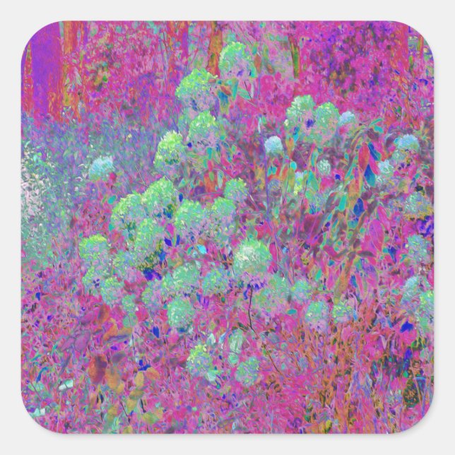 Magenta Garden with Aqua Hydrangea Flowers Square Sticker (Front)
