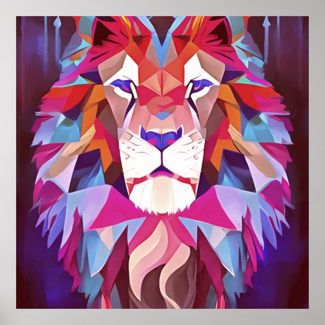 Magenta Geometric Lion Abstract Art Poster (Front)