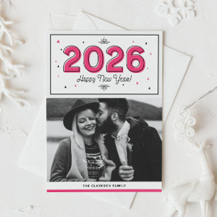 Magenta Geometric Typography Photo Happy New Year Holiday Card
