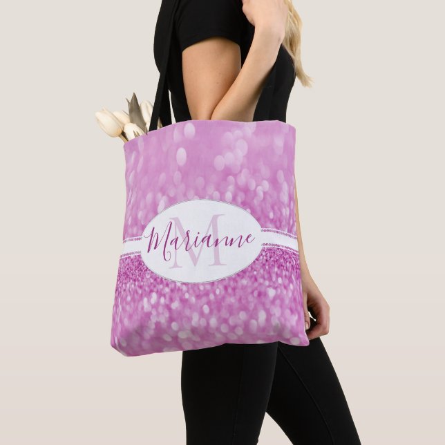 Magenta Glitter Personalise Tote Bag (Close Up)