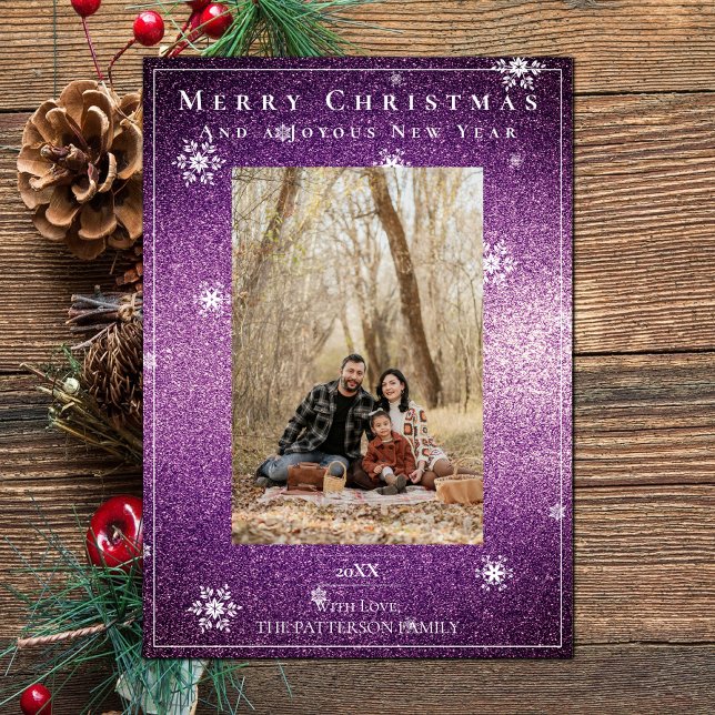 Magenta Glitter Snowflakes Holiday Photo Card (Magenta Glitter Snowflakes Holiday Photo Card)