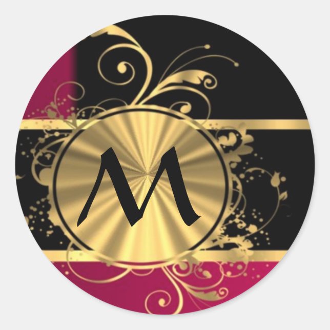 Magenta gold and black monogram classic round sticker (Front)